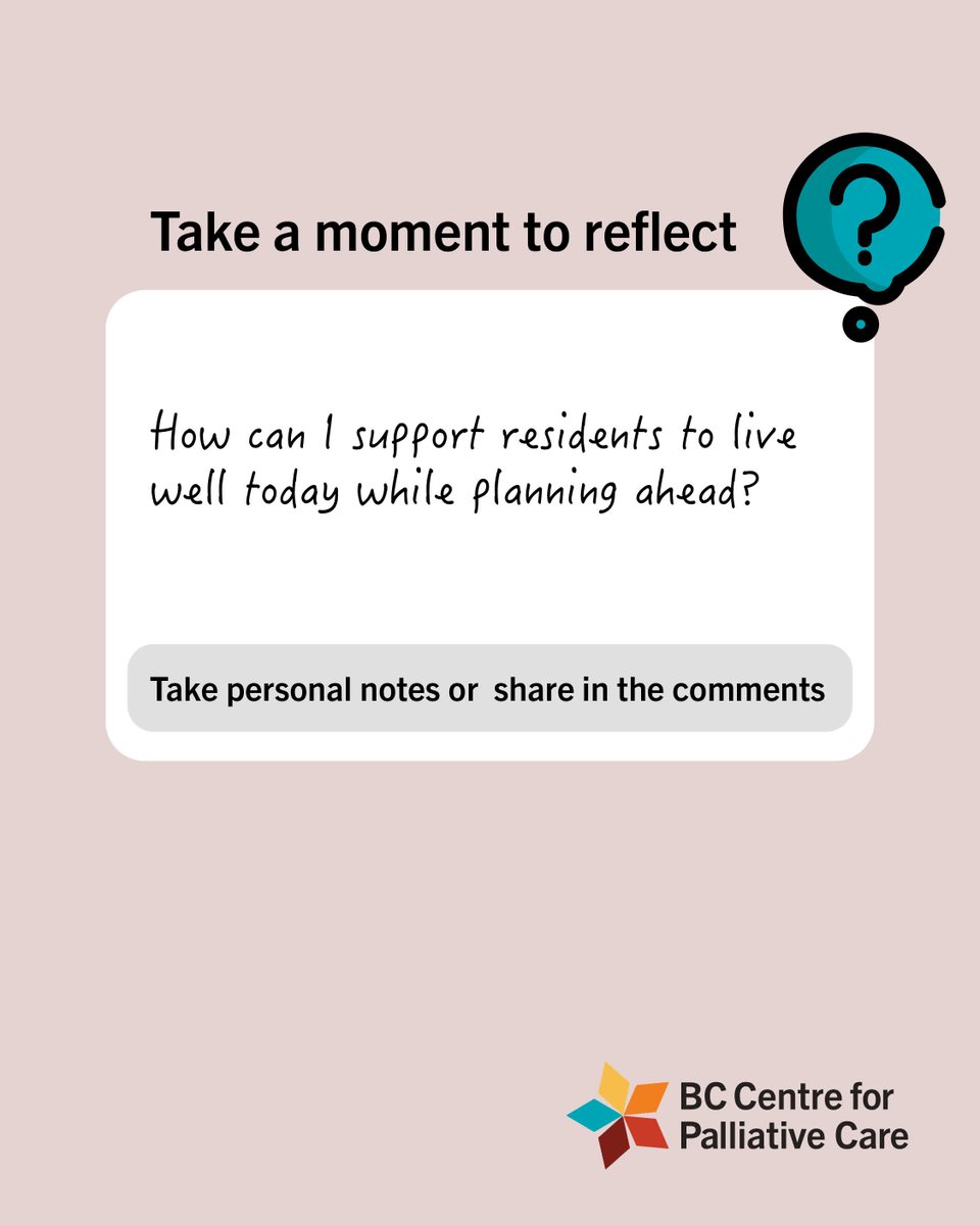 BCC4PC's tweet photo. In #LongTermCare, declining health is expected. Proactive #CarePlanning helps prepare residents &amp; families for changes, ensuring care reflects their values &amp; preferences.
Reflect: How can I support residents to live well today while also planning ahead?
#NHPCW #PalliativeApproach https://t.co/dVLd40Jpt4