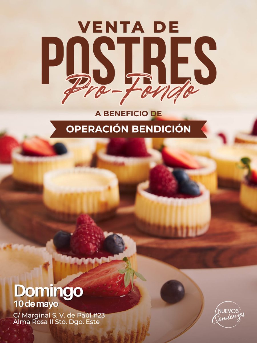 🍰 VENTA DE POSTRES PRO-FONDO 
10 de mayo, después de cada servicio
Tendremos disponibles:
• 🥥horneado
• Bizcocho de 🥕
• Brownies
• Polvorones de
• Arroz con leche
• Beso de ángel
• Galletas de chispas
• Mousse de chinola