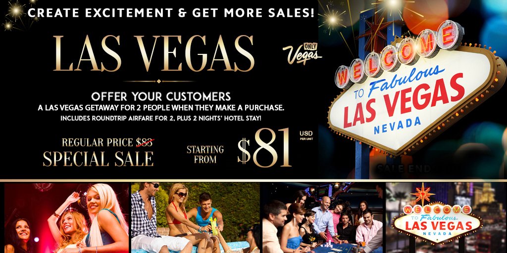 Odenza's tweet photo. Special offer: Ends May 31st.
 
Drive excitement and boost sales by offering your customers a Las Vegas Getaway when they make a purchase. Package includes roundtrip airfare for 2 people, plus 2 nights’ hotel stay.
 
Cost to you is just $81 per package.
  
Call 1-866-883-2968 to get started.