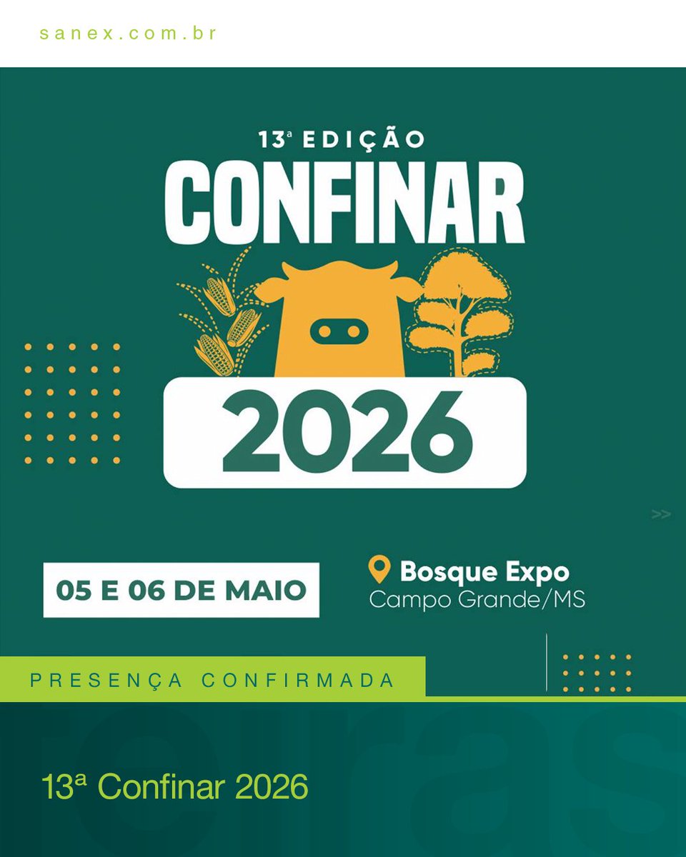 sanex_ltda's tweet photo. A equipe técnica comercial da Sanex está no Confinar 2026, que acontece em Campo Grande, nos dias 5 e 6. Reconhecido como um dos principais encontros da pecuária de corte no país, o evento reúne especialistas, produtores e empresas para discutir gestão, nutrição e tecnologia. https://t.co/PklIWgsQgl