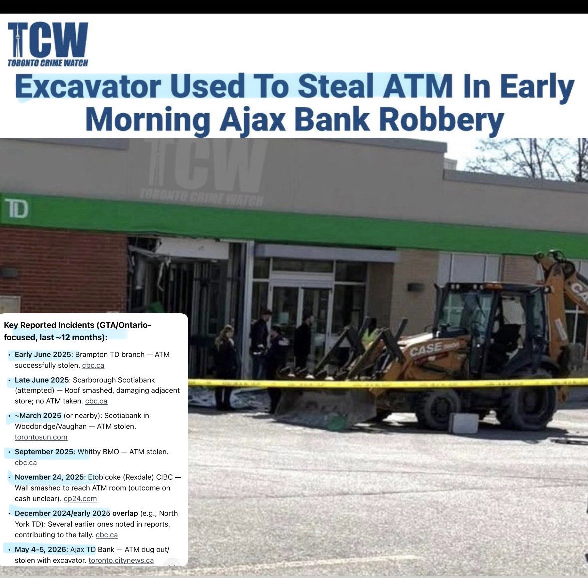 MelissaLMRogers's tweet image. Another EXCAVATOR used to steal a Bank Machine, this time in Ajax. 7+ public incidents like this in the last year. Meanwhile banks charging $10+ fees per month for us working class ppl 

Don’t recall this happening prior to 2015 🇨🇦

I’m willing to bet it’s a big organized crime