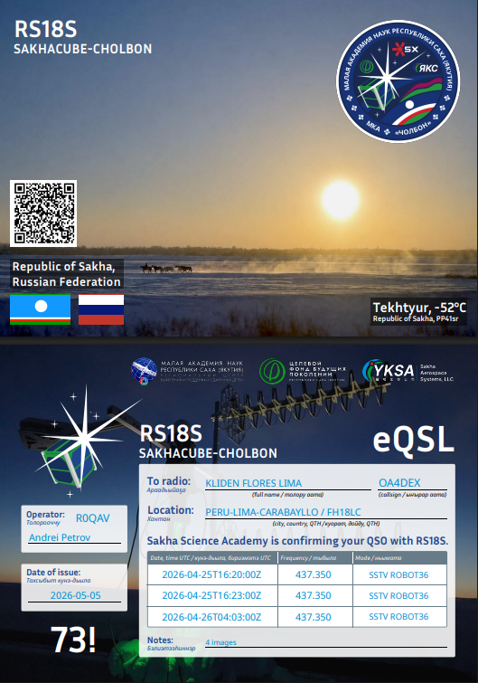 DexOa4's tweet photo. eQSL received from RS18S SAKHACUBE-CHOLBON 🛰️📡
SSTV images successfully captured from Lima, Peru 🇵🇪
First reception: April 25, 2026 at 16:20 UTC
Special event celebrating the Day of the Republic of Sakha (Yakutia) 🇷🇺
Thank you for the confirmation! 73! https://t.co/GVCfX4Kl3Q