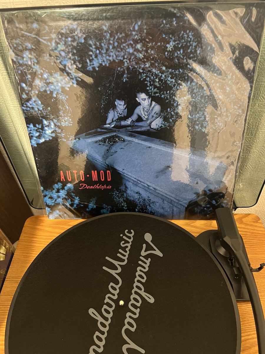 #1日1作品レコード紹介
93日目

AUTO-MOD
「DEATHTOPIA」

1985年1月リリースのメジャー移籍第1弾アルバム「DEATHTOPIA」のアナログ盤🐈💿

前衛舞台芸術的なニュアンスが随所に施されていたり、布袋寅泰さんがギター、キーボード、パーカッション、ボーカルで全面参加していたり、面白い内容