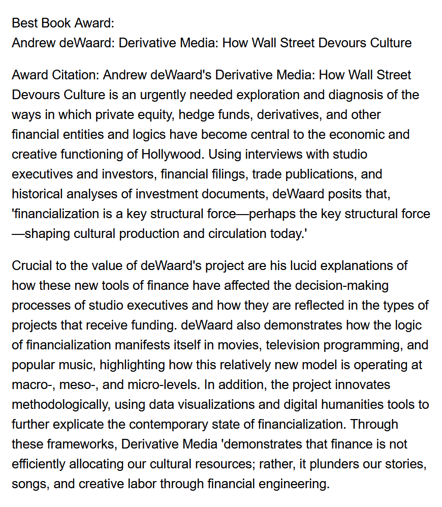 dewaard's tweet photo. I'm truly honoured for Derivative Media to receive the Best Book Award from the Media Industries Scholarly Interest Group (@Industries_SIG) at the Society for Cinema and Media Studies (@SCMStudies). My thanks to the committee for this award and this generous citation! https://t.co/KcknJPrAvh