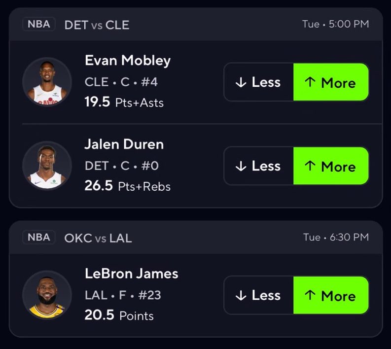 rileyduckm37495's tweet image. Prize Picks NBA Play Of The Day🔥

Evan Mobley 19.5 Pts+Asts
Jalen Duren Over 26.5 Pts+Rebs
LeBron James Over 20.5 Points

Tap in 👇 
t.me/discordgg7Tf2u…

#GamblingX #PrizePicks #Fanduel