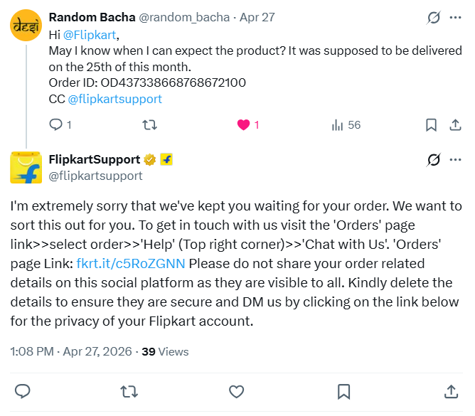 random_bacha's tweet photo. Hi @Flipkart, 
May I know when I can expect the product? It was order on 18th April and was supposed to be delivered on the 25th of this month. 
Order ID: OD437338668768672100  
CC @flipkartsupport https://t.co/Nkklj2tyxz