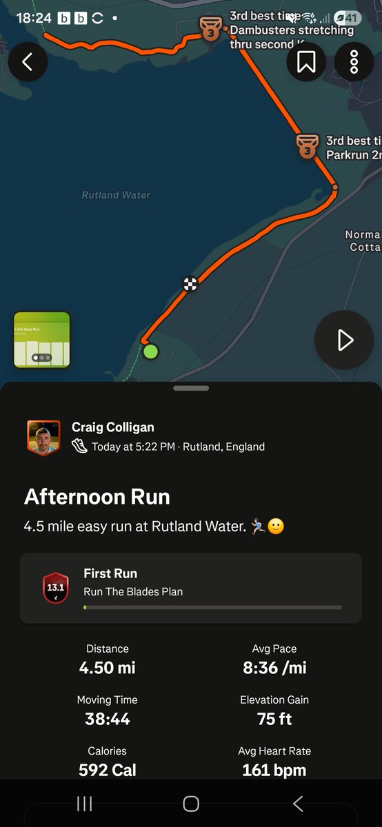 CraigRGNDem's tweet photo. 4.5 mile easy run at Rutland Water. 🏃🏻‍♂️🙂

#Rutland #RutlandWater #Running #Strava #Runna #England #WorkAway @UKRunChat https://t.co/1zezm17zO6
