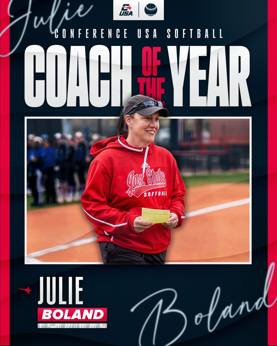 ConferenceUSA's tweet photo. 🥎 COACH OF THE YEAR 🥎

Julie Boland, @JaxStateSB

#NoLimitsOnUs | https://t.co/CSrMLmOw6i