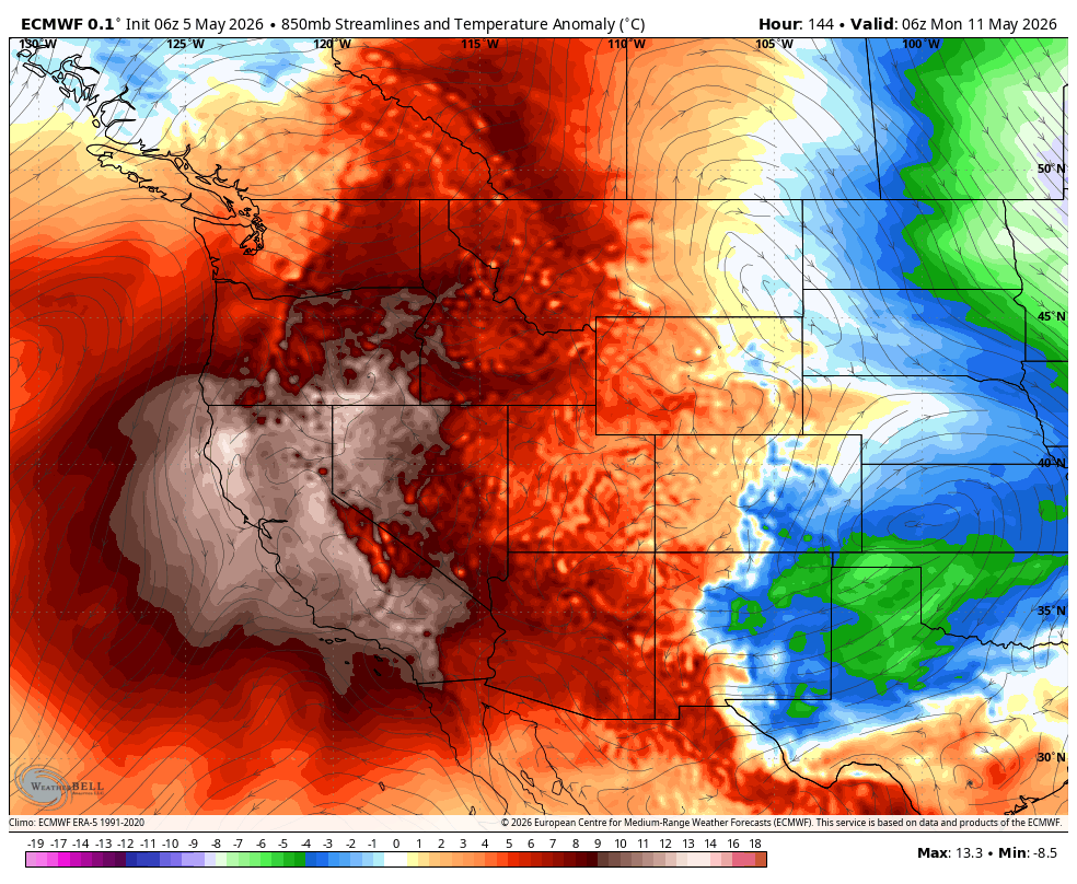US_Stormwatch's tweet photo. After a chilly and damp last two weeks in California, a severe early-season heatwave will arrive this weekend.

Sacramento could flirt with 100°F on Monday, temperatures could reach up to 105°F in the San Joaquin Valley, and Death Valley could exceed 115°F. https://t.co/ivv43ZZwtX