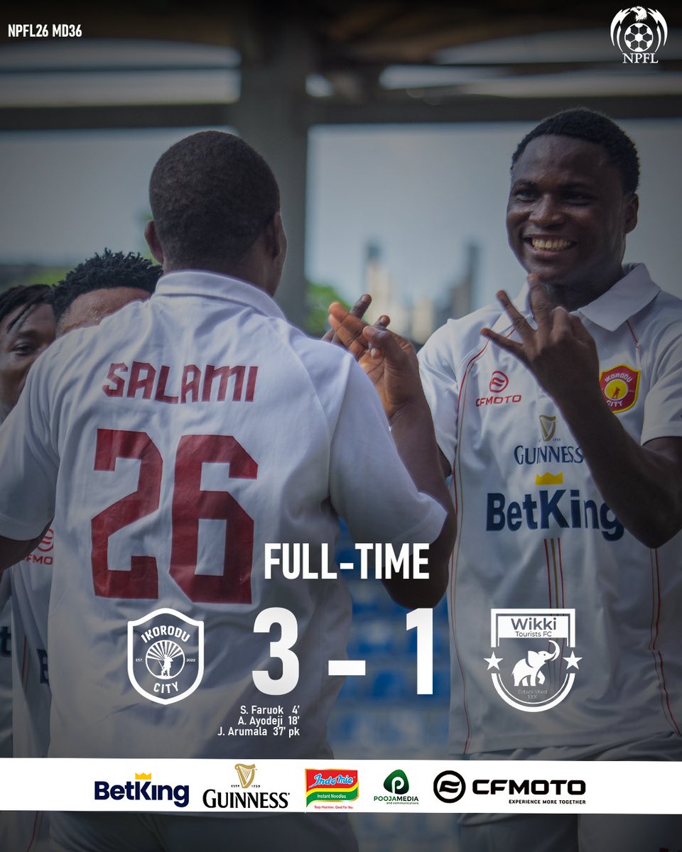 ralphcgeorge's tweet photo. @IkoroduCityFC are not giving up the fight for Continental football next season.

FT: Ikorodu City 3-1 Wikki Tourists
⚽ Salami, 
⚽ Ayodeji
⚽ Arumala
            ⚽ Mairiga

3rd on the log with 58 pts. 

Next game: away to @katsinaunited https://t.co/iDWDuazxaT