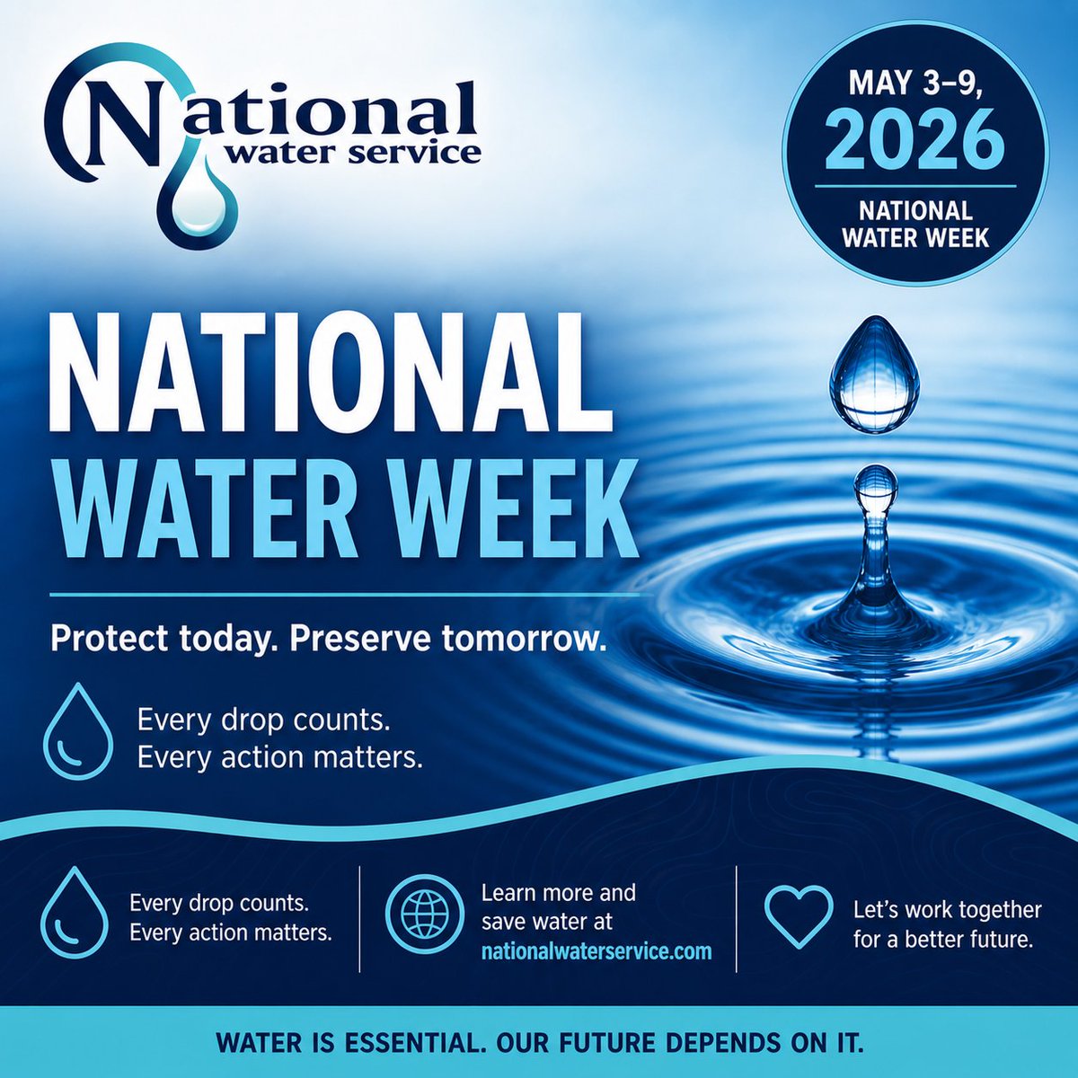 N_W_S_C's tweet image. 💧 National Water Week | May 3–9, 2026 💧

Test your #water, fix leaks, and upgrade your system. 
Clean, reliable water starts at home.

National Water Service is here to help with testing, #watertreatment, #wellpumps &amp;amp; #plumbing.

How can we be of service?

#NationalWaterWeek
