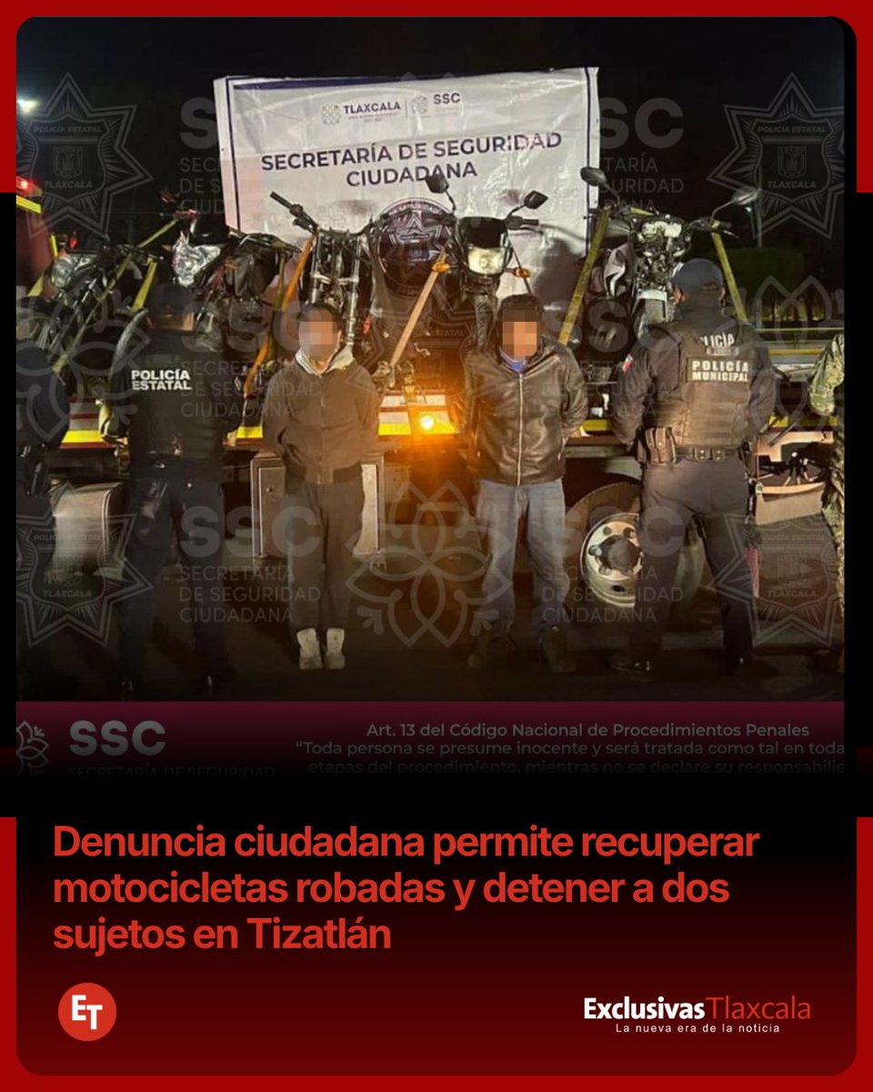 ExclusivasTlx's tweet photo. #Destacado II Denuncia ciudadana permite recuperar motocicletas robadas y detener a dos sujetos en Tizatlán

Elementos de la SSC recuperaron cuatro motocicletas con reporte de robo y aseguraron otra con alteraciones en Tizatlán, tras una denuncia ciudadana. https://t.co/FFQwzuiXcC