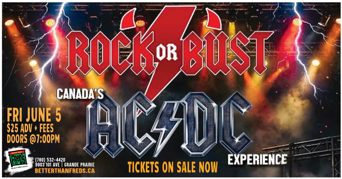 BetterThanFreds's tweet photo. Coming to @BetterThanFreds!
ROCK OR BUST
​Canada's AC/DC Experience
Fri June 5
$25 Advance (+fees)
Doors at 7 pm
Tickets on sale now thru https://t.co/PqJqK1tL8Z https://t.co/0TBI4GwmqM