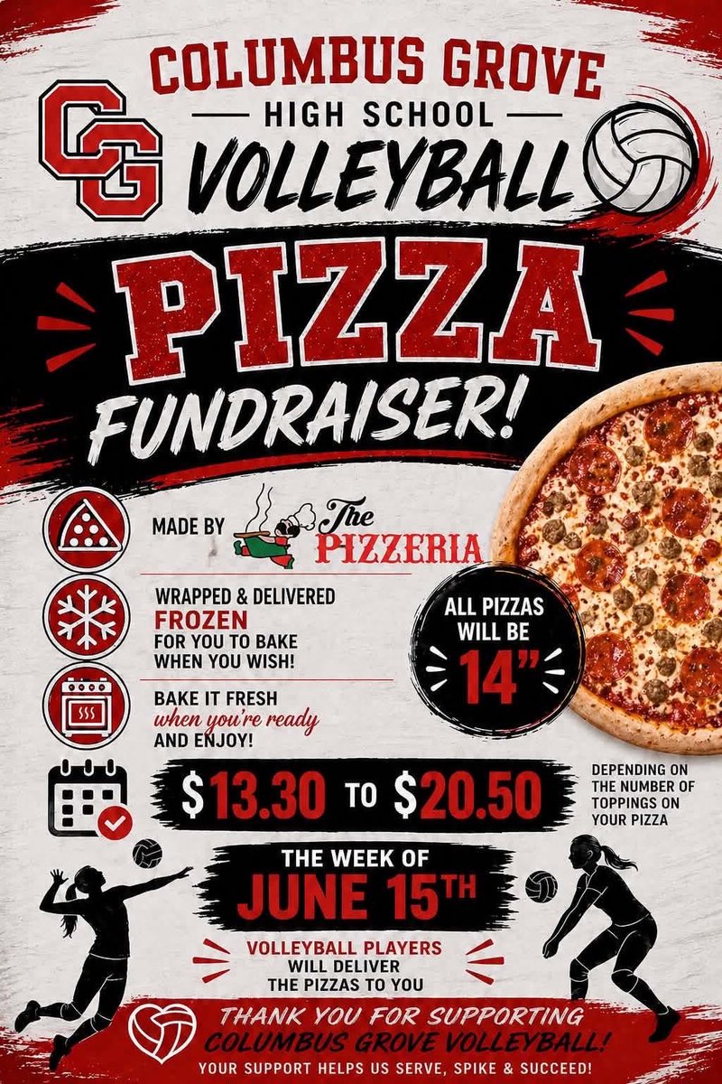 Clear your freezer for your favorite Pizzeria Pizzas! 
Stock-up for your summertime family fun 🏕️ 🔥!
Contact a <a href="/cghsvolleyball1/">CGHS Volleyball🐾</a> player today! 😃
