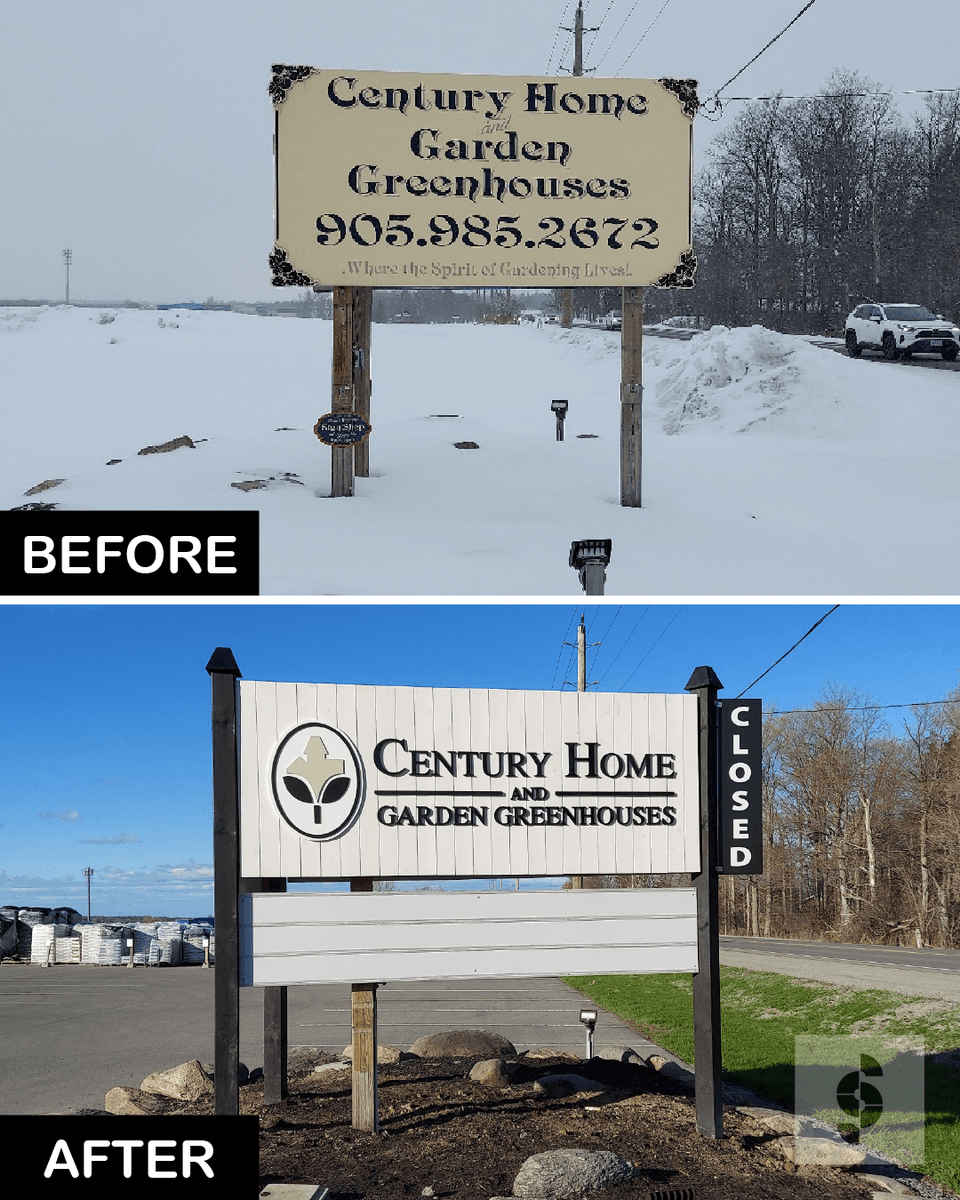 SenSigns's tweet photo. Before and after refresh for @CenturyHomeandGarden. Tri-signage road sign: refreshed logo on both road-facing sides, "Thank you for Visiting!" at the lot, easy-flip OPEN/CLOSED panel. Sensational Quality. Sensational Service. Pointing you in the right direction for over 25 years. https://t.co/MKMDe2RQKt