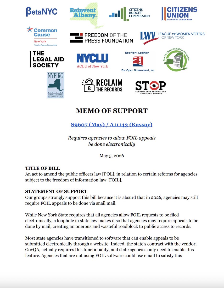 FreedomofPress's tweet photo. It is absurd that in 2026, New York State agencies may still require FOIL appeals to be done via snail mail.

Read the letter we signed urging the Legislature to pass a new bill that would require agencies to accept electronic appeals: https://t.co/x9mlmtRA5t https://t.co/4gMu2GXwGB