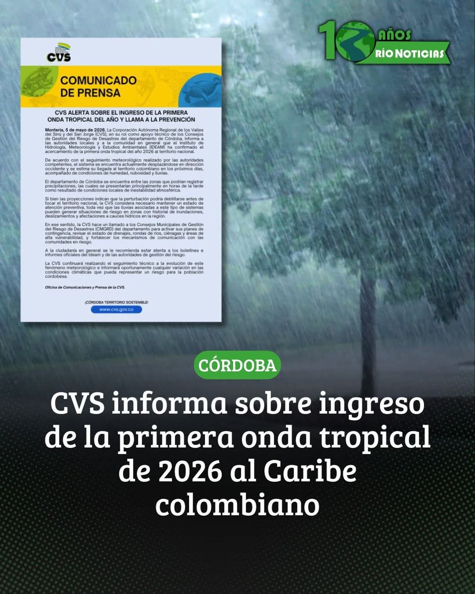 Advertencia sobre el ingreso de la primera onda tropical del año 2026 al Caribe colombiano, fenómeno que podría generar lluvias en el departamento de Córdoba en los próximos días, según información confirmada por el #Ideam

#Montería #Córdoba #Sincelejo #Barranquilla #Cartagena