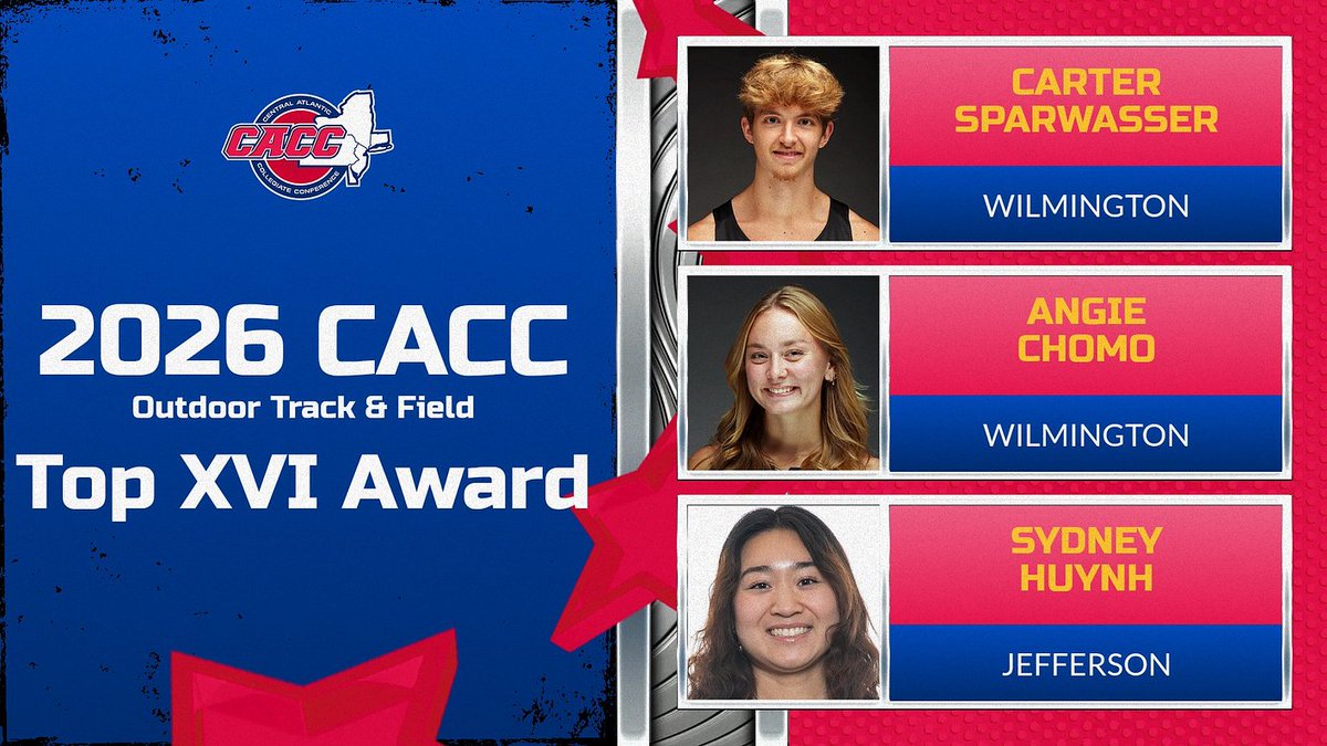 CACC01's tweet photo. Carter Sparwasser of @WilmUAthletics is the winner of the 2026 CACC Men's Track &amp; Field Top XVI Award.

Wilmington's Angie Chomo and Sydney Huynh of @JeffersonRams shared the women's honor.

https://t.co/9SgRfuBdwZ https://t.co/vyN5LYtgtC