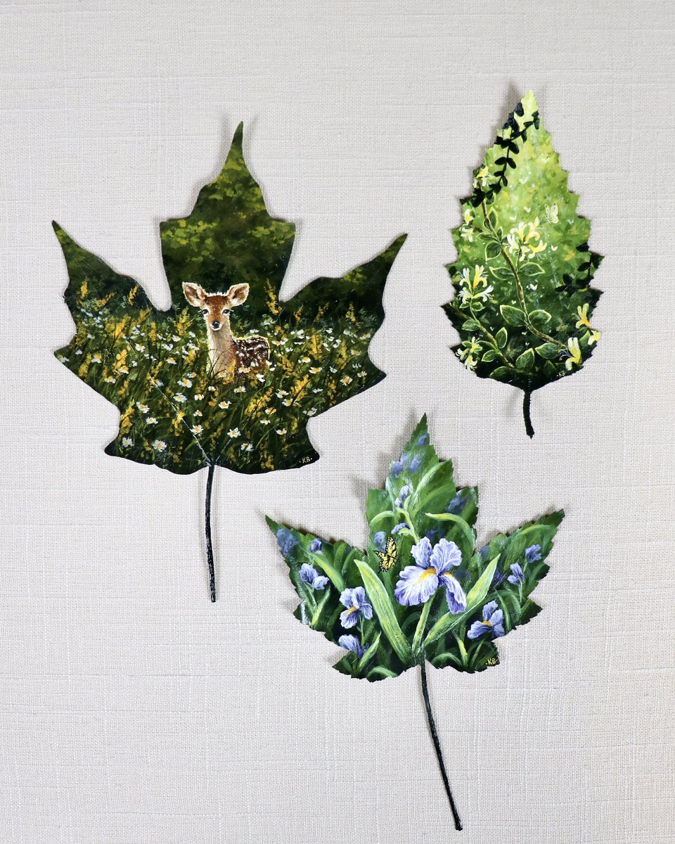 KatieBrooksArt's tweet photo. May’s first 3 painted leaves 🌱

Top left: “Little One”
Acrylic on maple leaf

Top right: “Honeysuckle Dance”
Acrylic on river birch leaf

Bottom: “Iris Visitor”
Acrylic on maple leaf

#natureart #leafpainting #springart #painting #leaf https://t.co/5jQRNxYRbC