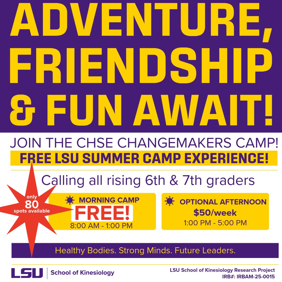 LSUCHSE's tweet photo. Adventure, friendship and fun await at the CHSE ChangeMakers Camp! All rising 6th and 7th graders are welcome to apply to be a part of this free opportunity that combines summer fun and research! 🐅🏃🧠

🔗 Learn more and apply: https://t.co/ogKwJArL7H @LSU_Kinesiology https://t.co/YhWbwX86hD