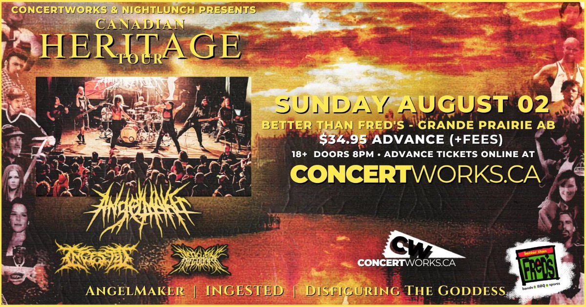 BetterThanFreds's tweet photo. Presented by @ConcertWorksAB, #NightLunch &amp; @BetterThanFreds!

@AngelMakerBand 
with special guests @Ingested 
​and #DisfiguringTheGoddess
Sun Aug 2
$34.95 Advance (+fees)
8 pm
Doors at 6 pm
Tickets on sale now thru https://t.co/JhDikieCvJ https://t.co/Uhb42c8LfQ