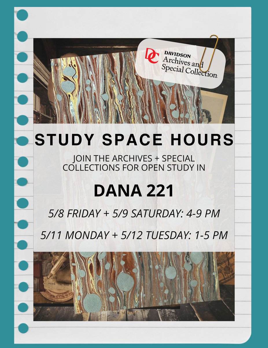 DavidsonArchive's tweet photo. Are you looking for a spot to study? We have one! Come to Dana 221 to settle in! 
Friday + Saturday: 4-9 pm
Monday + Tuesday: 1-5 pm https://t.co/5fugcQTkC0