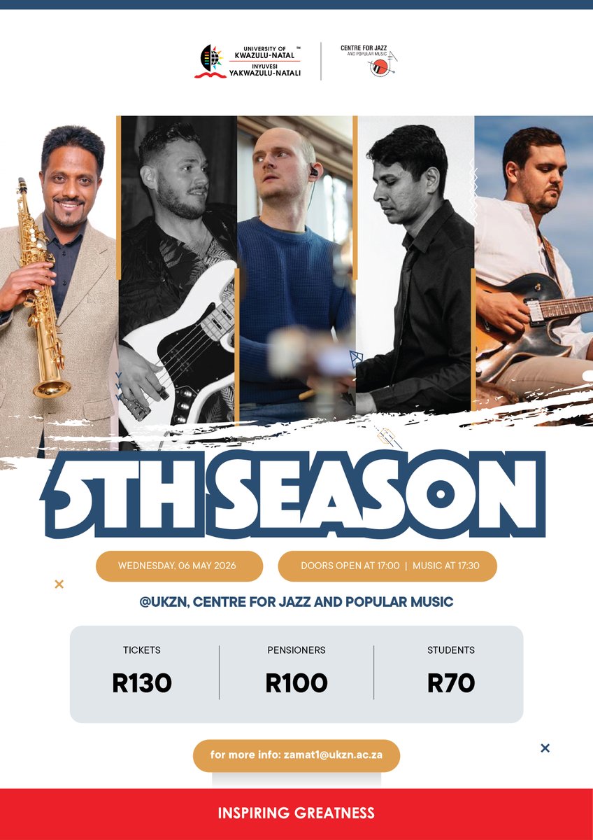 Jazzcentre's tweet photo. 5th Season live 
Devon Hore – Drums
Brayden Hore – Bass
Nick Pitman – Guitar
Mark Royeppan – Keyboard
Colwyn Harris – Saxophone Wednesday, 06 May
Tickets: R130 general admission, R100 -pensioners, R70- students https://t.co/5hjjbcC9CA https://t.co/galFhBYTo4