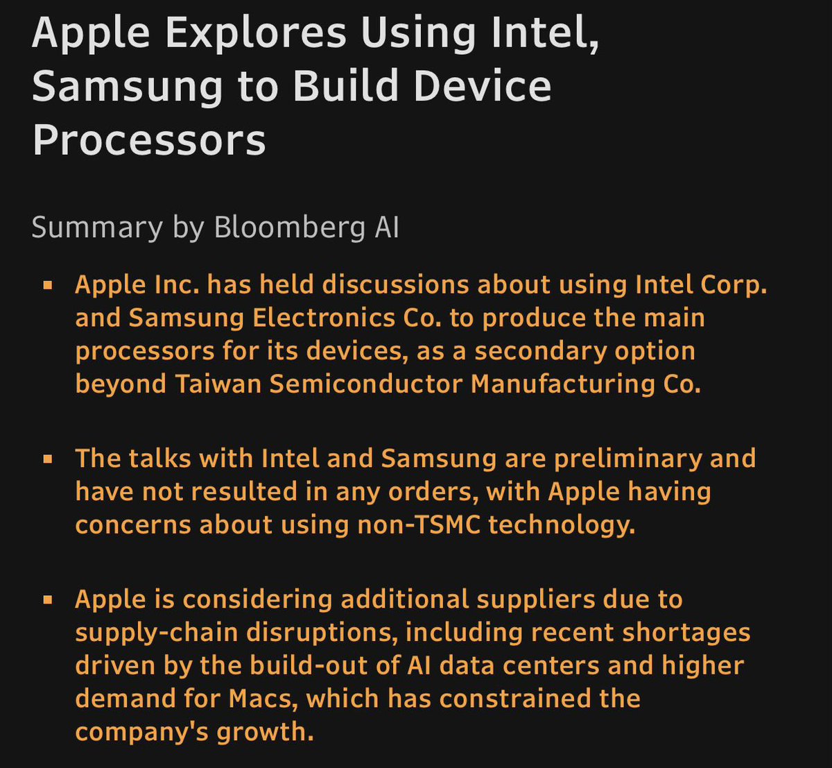 DSAkdag's tweet photo. Apple’ın tsm ye bağımlılığı azaltıp supply chain riskini dağıtmak için alternatifler arayışında olduğunu siz bu bb haberiyle öğrenmiş olabilirsiniz ama yeni değil 🤷🏻‍♂️ https://t.co/OyZ9V4p6cm