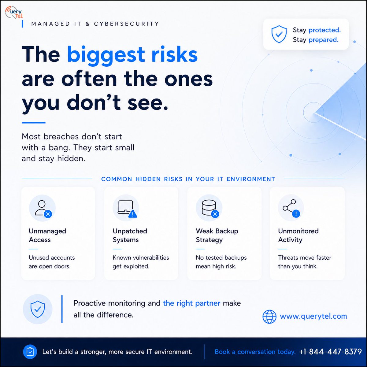 AskQuerytel's tweet photo. Most security risks don’t look like threats.
They look like normal activity.
No alerts ≠ no risk.
It often means no visibility.
That’s where problems start.
#CyberSecurity #InfoSec #ManagedIT #QueryTel https://t.co/LrrOy36EAb