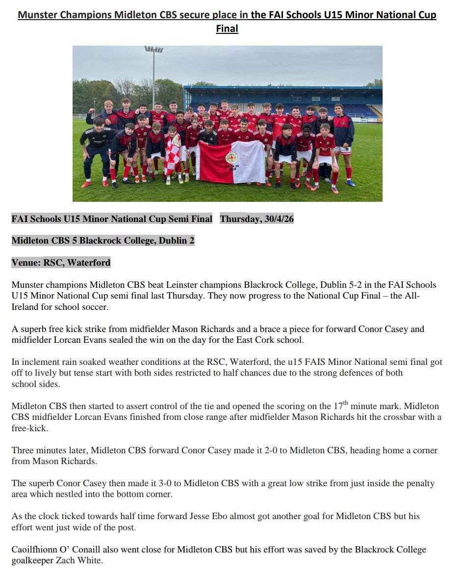 FAIMunSchools's tweet photo. Match report: Munster Champions Midleton CBS secure place in the FAI Schools U15 Minor National Cup Final
#FAISchoolsMunster https://t.co/dDWg0sdRUP