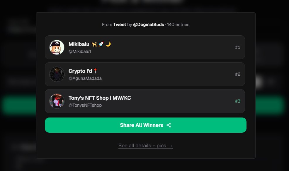 DoginalBuds's tweet photo. 🚨 WINNER ANNOUNCEMENT 🚨

Huge thank you to our amazing community for being part of this journey💛

Winners 👇 

1. @Mikibalu1 - MiniDoge(364)
2. @AgunaMadada - DMB(955)
3. @TonysNFTshop -  Doginal Buds(251)

Holder exclusive events will continue and we’re only getting started. https://t.co/xxy7z43477