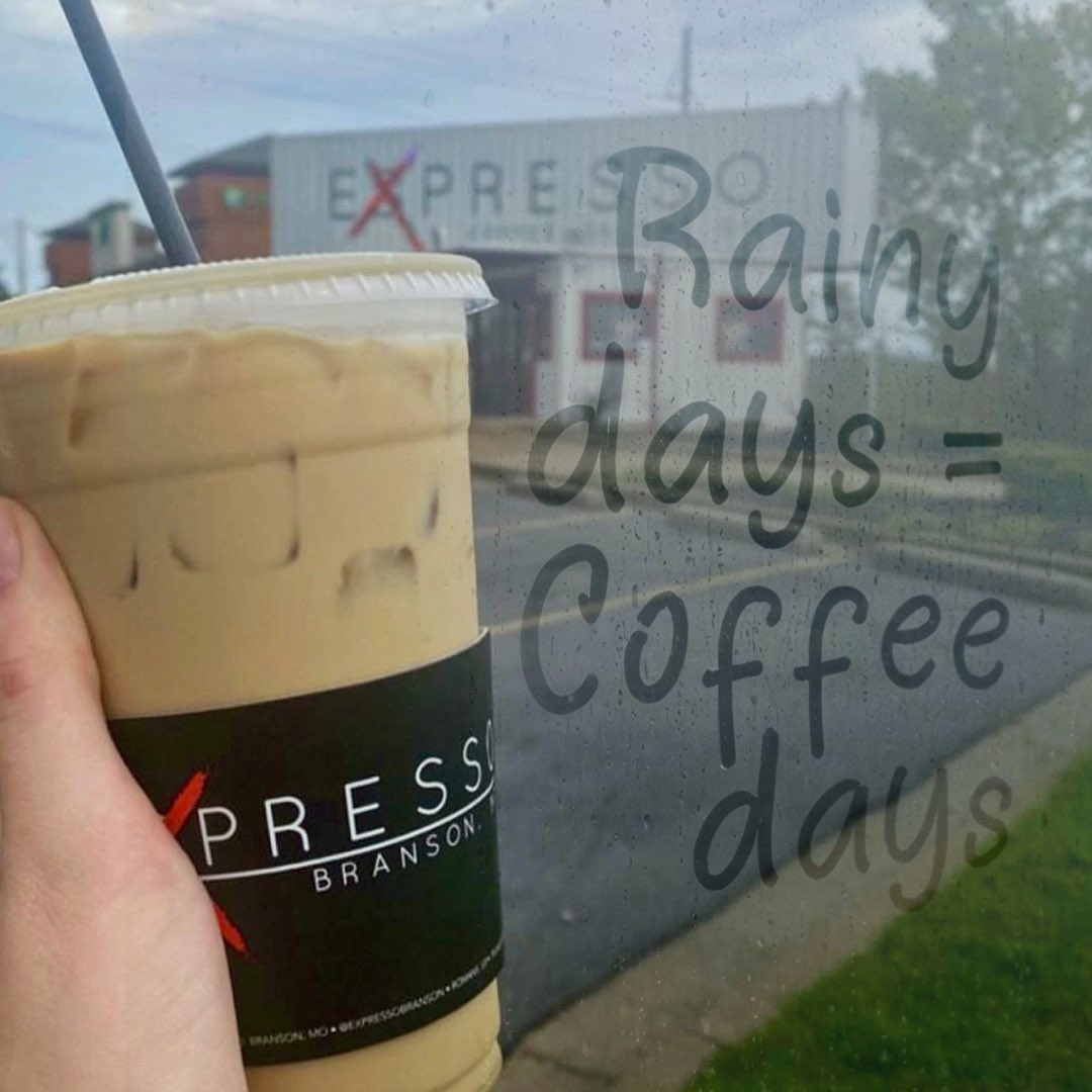 ExpressoBranson's tweet photo. Not saying you need coffee today, but this weather is making a pretty strong case ☔️☕
Hot or iced today?
🚨Rainy Day Special, today only: Happy Hours from 1–5pm - rewards members get double points on their order!🚨

#blessedandhighlycaffeinated #thebestofbranson #expressobranson https://t.co/fpC24d1Ale