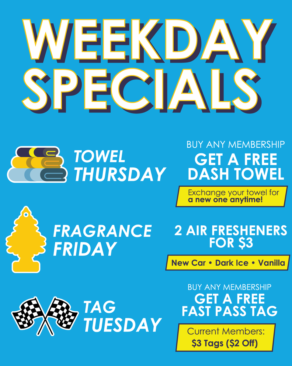 JetSplashWash's tweet photo. Don’t forget about our Weekday Specials:

• Towel Thursday (tomorrow!) – Free dash towel with any membership purchase (swap it anytime)
• Fragrance Friday – 2 air fresheners for $3
• Tag Tuesday – Free Fast Pass tag with membership purchase (or existing members get one for $3) https://t.co/VEHgHf5vwN