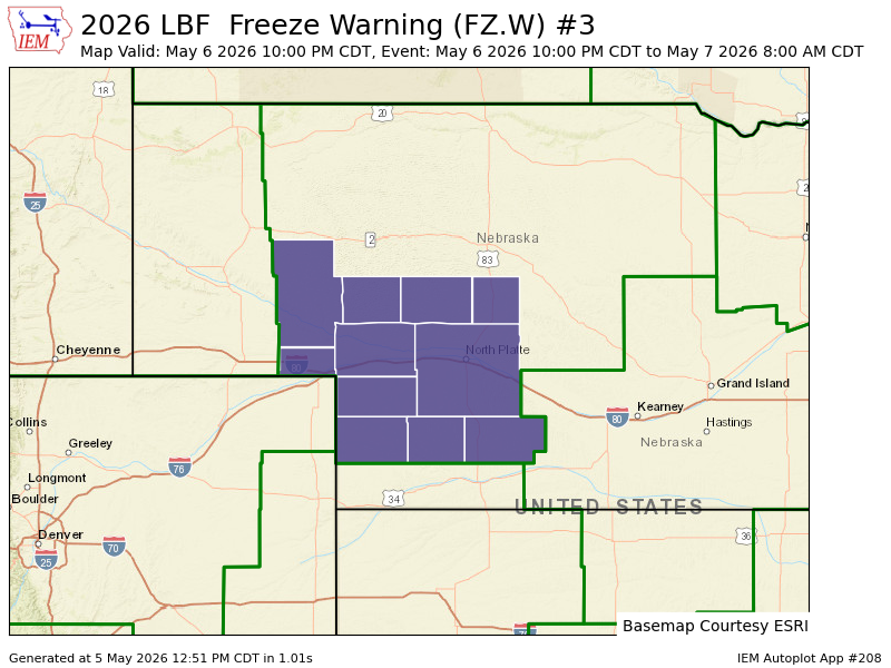 LBF issues Freeze Warning valid at May 6, 10:00 PM CDT for Arthur, Chase, Deuel, Frontier, Garden, Hayes, Keith, Lincoln, Logan, McPherson, Perkins [NE] till May 7, 8:00 AM CDT mesonet.agron.iastate.edu/vtec/f/2026-O-…