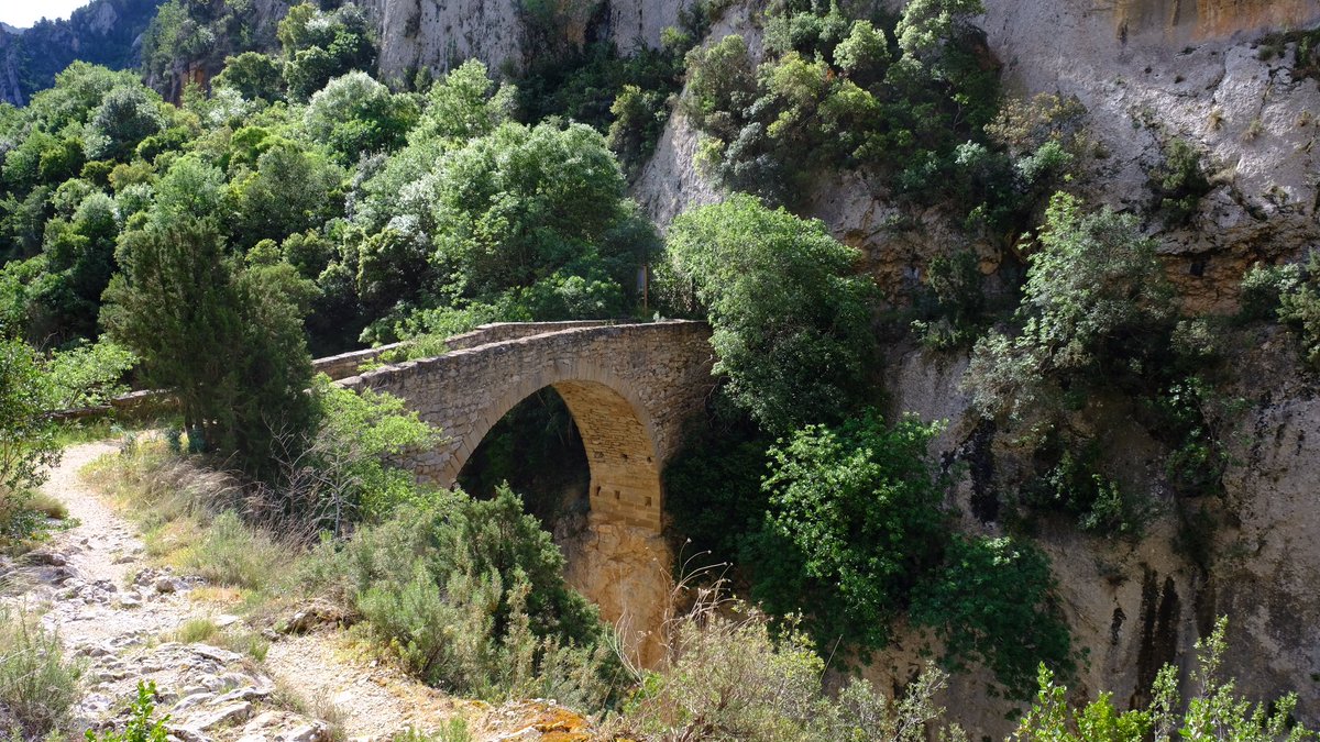 Heute Sonne!
Auf der Fahrt nach Huesca kommen wir an aufregenden Felsformationen vorbei und an einer romanischen Brücke, die hoch über einem wilden Fluss den Jahrhunderten getrotzt hat.