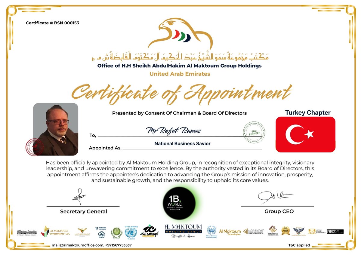 1BWorlds's tweet photo. Welcome Mr. Refet Ramiz as 1B. National Business Savior  – Turkey Chapter!
Recognized among 100 Global Pioneers, they drive innovation, leadership &amp; international impact.
#1BWorld #BusinessSavior #100Pioneers #LeadershipExcellence https://t.co/hpIoHRtRr0