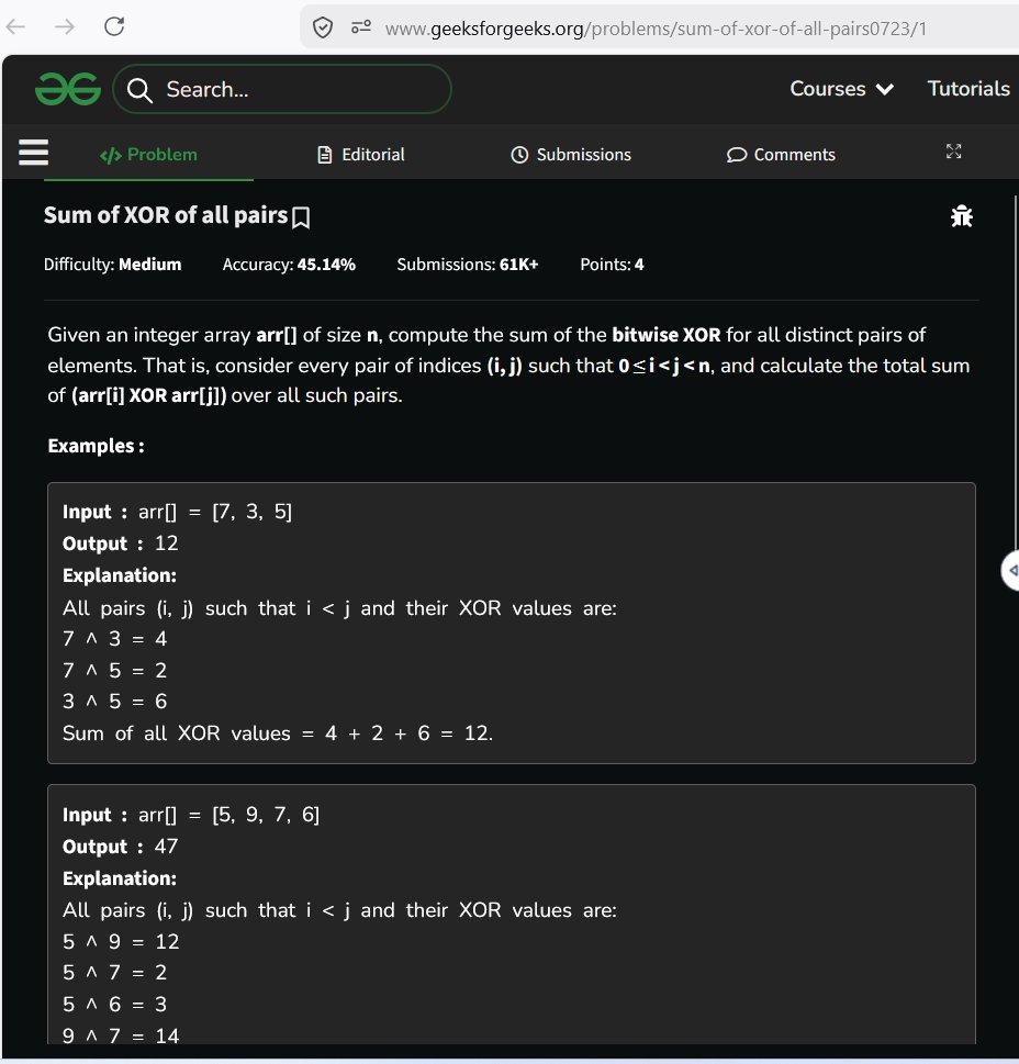 AnujUpadhayay07's tweet image. #Day 81
Solved the "Sum of XOR of all pairs" problem  on @geeksforgeeks 

Used a bit manipulation approach by calculating contribution of each bit instead of checking all pairs

TC: O(n)

#GeekStreak #GeeksForGeeks #DSA