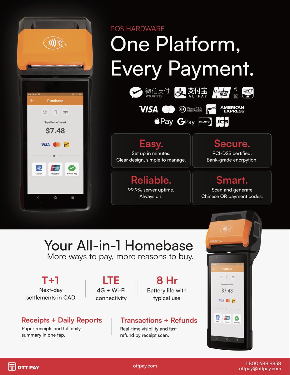 ottpay's tweet photo. One terminal. Every payment method your customers already use.

Cards + WeChat Pay + Alipay + UnionPay — all settled in CAD, next day.

This is what we built. 👇 https://t.co/WyYpVSTpS5

#OTTPay #Payments #Fintech #Canada https://t.co/U5emxcBHqA