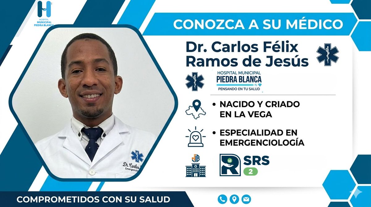 hmpbRD's tweet photo. CONOZCA A NUESTRO MÉDICO 👨‍⚕️

Damos la más cordial bienvenida al Dr. Carlos Félix Ramos de Jesús, quien se integra a nuestro equipo del Hospital Municipal de Piedra Blanca como médico emergenciólogo.

Su labor es esencial en la atención oportuna. 
¡Bienvenido a nuestro equipo! https://t.co/yNNetPIyKc