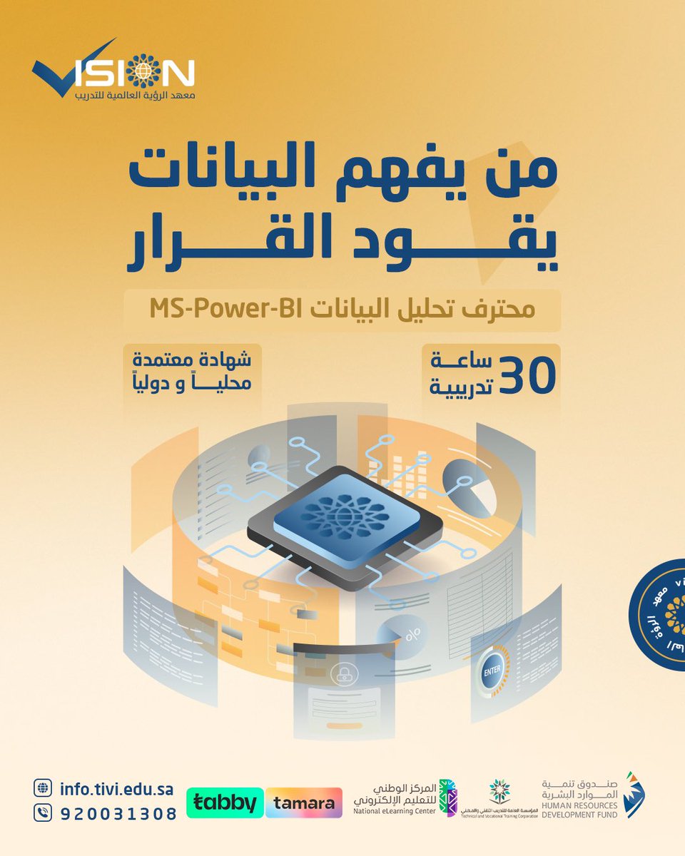 isionksa's tweet photo. هل تعتمد في عملك على الأرقام… أم على الانطباعات؟
في بيئة العمل اليوم، القرارات لا تُبنى على الانطباعات… بل على البيانات.
تحليل البيانات = فهم + تأثي

مع شهادة محترف تحليل البيانات MS-Power-BI
تصبح جزءًا من القرار.

📞 تواصل معنا 920031340
🔗 أو احجز مقعدك من الرابط في البايو https://t.co/VSJ5ZKSWwM