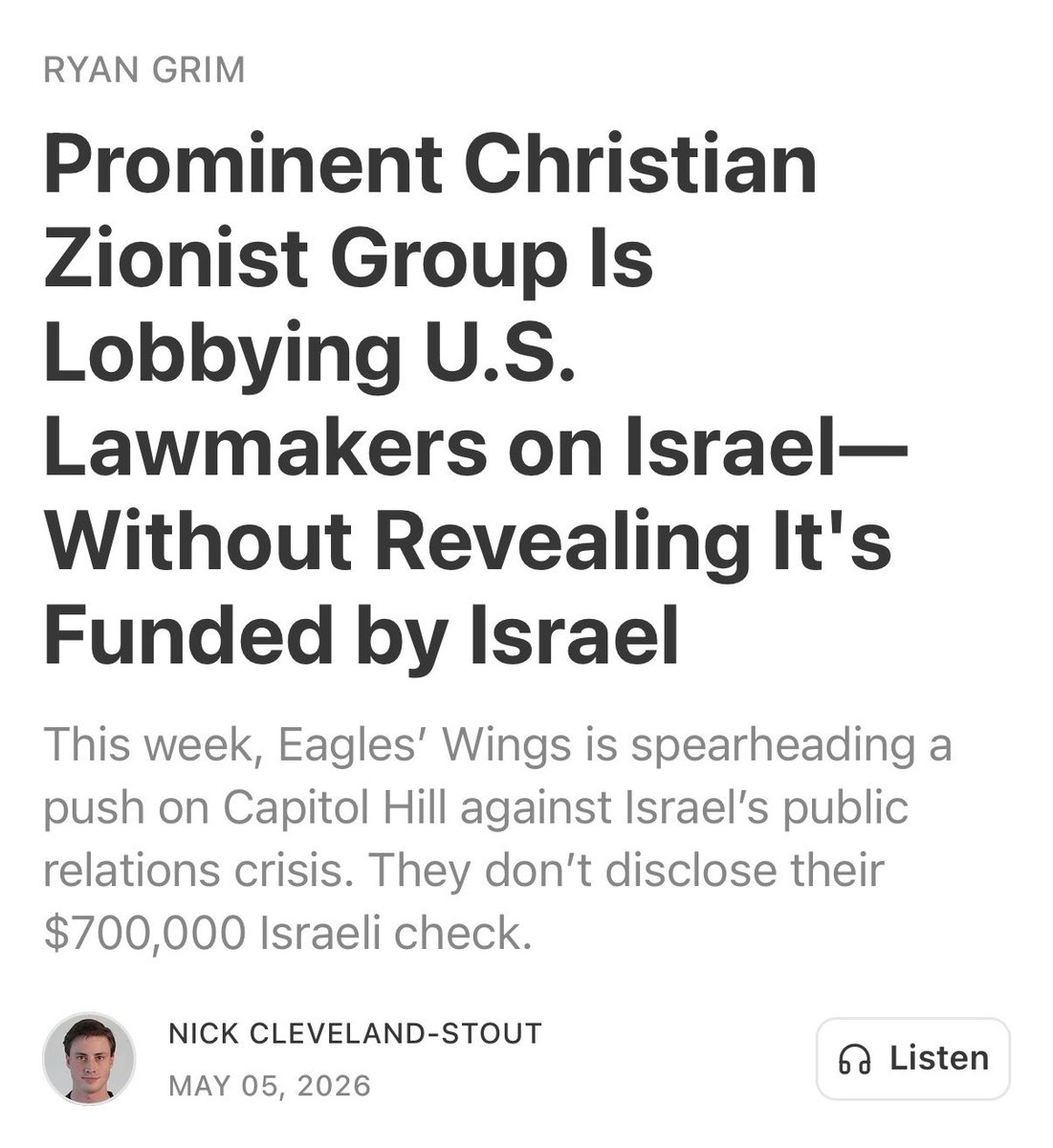 nick_clevelands's tweet photo. Eagles’ Wings, an Evangelical org spearheading a major pro-Israel advocacy campaign on Capitol Hill this week, is secretly funded by the Israeli government for its lobbying efforts and is not registered as a foreign agent, according to a previously unreported document https://t.co/DECkkYUFLz