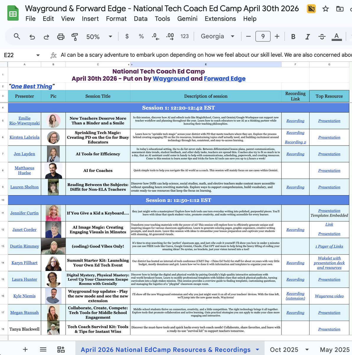 KyleNiemis's tweet photo. Alright folks, this resource is ready to share! 😀

Last week at the @waygroundai and @ForwardEdgeOH National Tech Coach Camp, 27 amazing presenters did 20 minute sessions on all sorts of helpful topics.

Here are their resources and recordings! This sheet along with the "One Best Thing" I shared earlier should be all the #edtech PD you need for a long time. Enjoy!

https://t.co/GN49WyHZ7F

Huge thanks to all presenters: 
@labs_edtech @corderj @JustRimmey @Coach_Huelse Jennifer Curtin Lauren Shelton Emilie Rio-Wawrzynski @KfromGKTechies @LHTRT76 Megan Stanush Tanya Blackwell Maggie Hernandez  @MrsMarcumBGISD @techNOLIEgy @TechWarriorKES @PHausEDU @Ladylanguage411 Blasia Dunham @TheMathJedi523 Sarah Finch Susan Morrissette Bradford Harris @TechishTana Velthy Fernandes @MyEdTechLife 

#edchat #teachers #letsfindaway #wayground #quizizz #teachertwitter #edutwitter