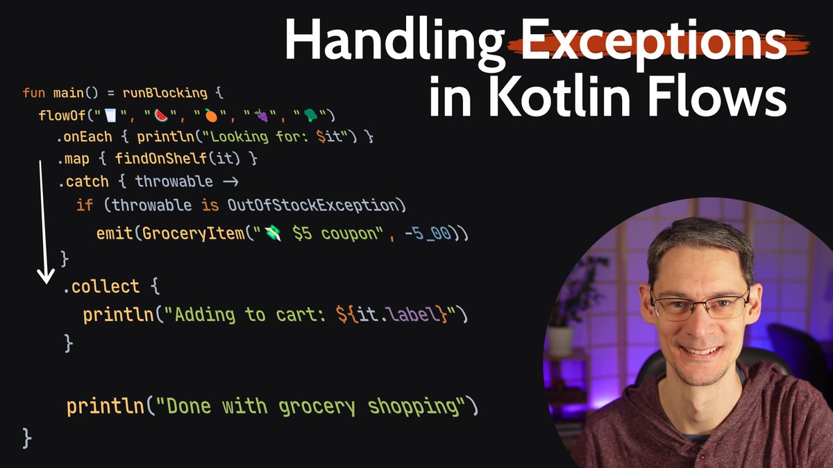 djleeds's tweet photo. Kotlin Flows can throw exceptions... So how should you handle them? Does a regular try-catch work? In today's video, I show where you should (and shouldn't) use try-catch, and what you need to know about the `catch` operator.

Watch the video here 👉 https://t.co/eOXBOJaPPP https://t.co/Qtd8hYxz0r