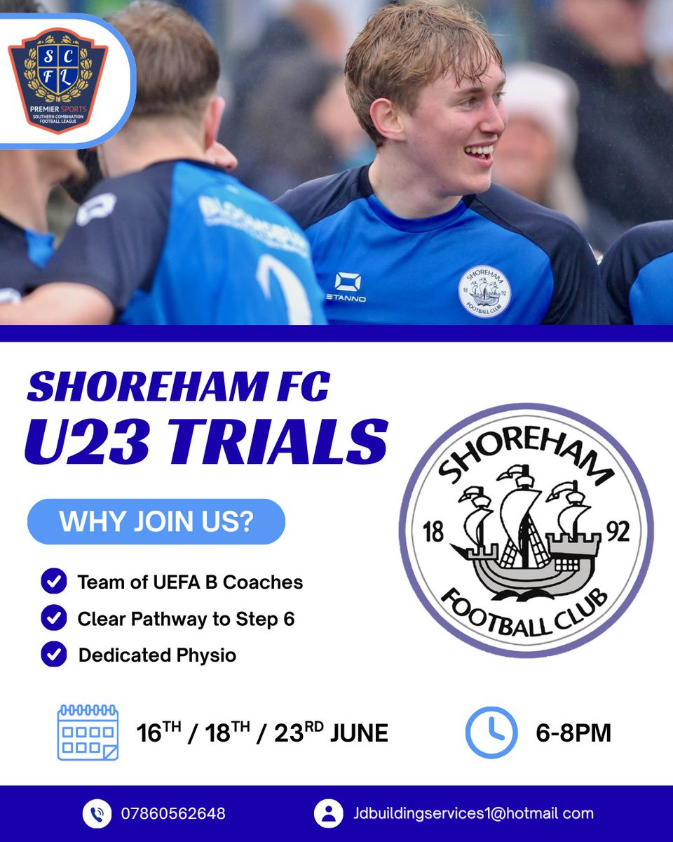 ShorehamFC's tweet photo. U23s TRAILS 👀

Don’t miss out on trails for our NEW U23 side! 

🗓️ 16th, 18th, 23rd June
⏰ 6-8 PM
🏟️ Middle Road

Come down and show off your talent for our exciting side next season! 💙 https://t.co/NaFPWXXqeQ