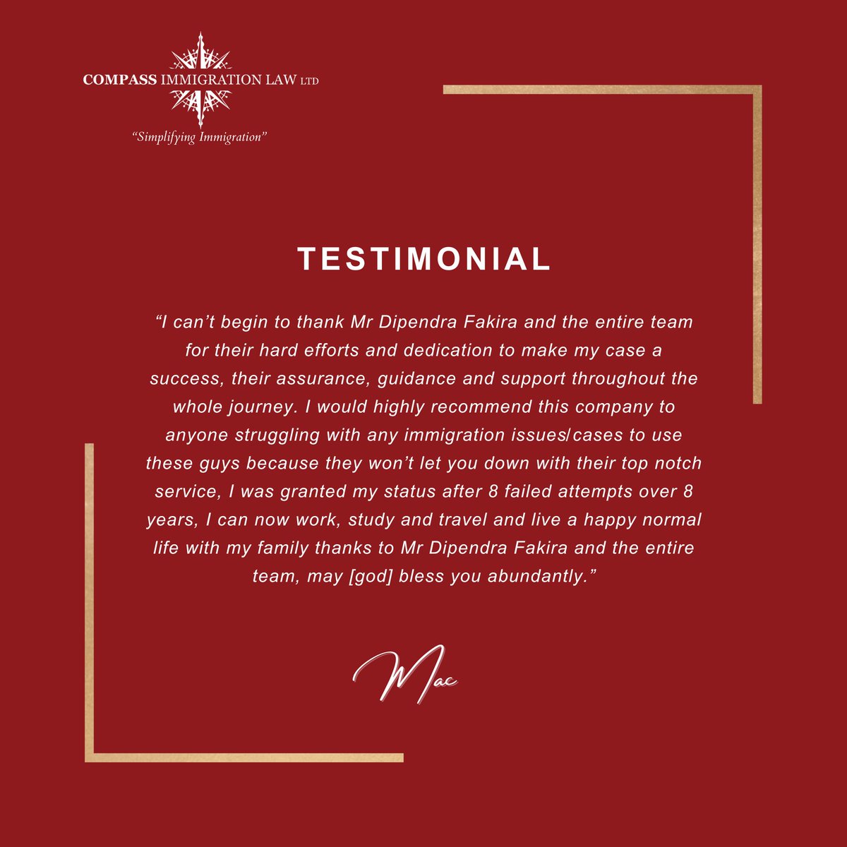 CompassImmLaw_'s tweet photo. Client testimonial for our Supervising Immigration Caseworker.
-
📃(client intake form) - https://t.co/TH0tkwGrz5
📞 - 01204 531 535
📧 - info@compasslaw.org.uk
-
Compass Immigration Law Ltd:
“Simplifying immigration.” https://t.co/rn3S4SzgYo