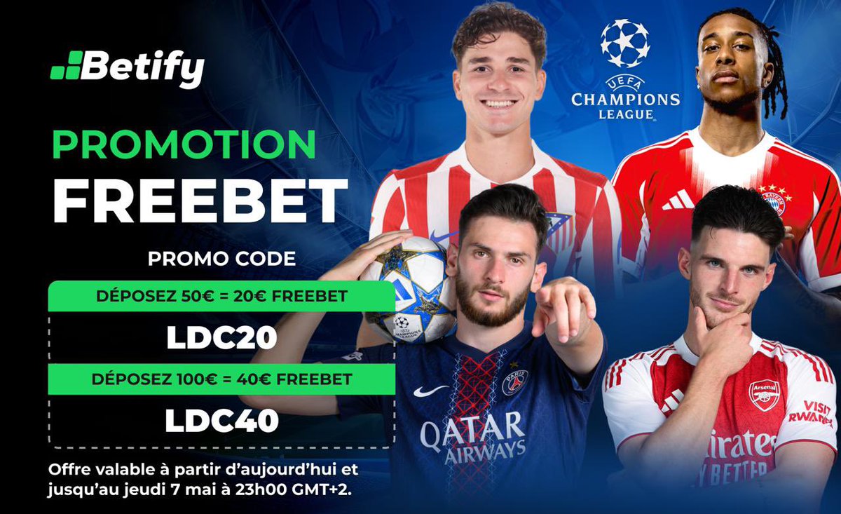 Mnc10_'s tweet photo. 🚨 PROMO LIGUE DES CHAMPIONS ! 🚨

LIEN INSCRIPTION : https://t.co/M18edoVenE

💥 Codes promos :
🔹 LDC20 → Dépôt 50€ = 20€ Freebet
🔹 LDC40 → Dépôt 100€ = 40€ Freebet https://t.co/lAgAkm2W4W