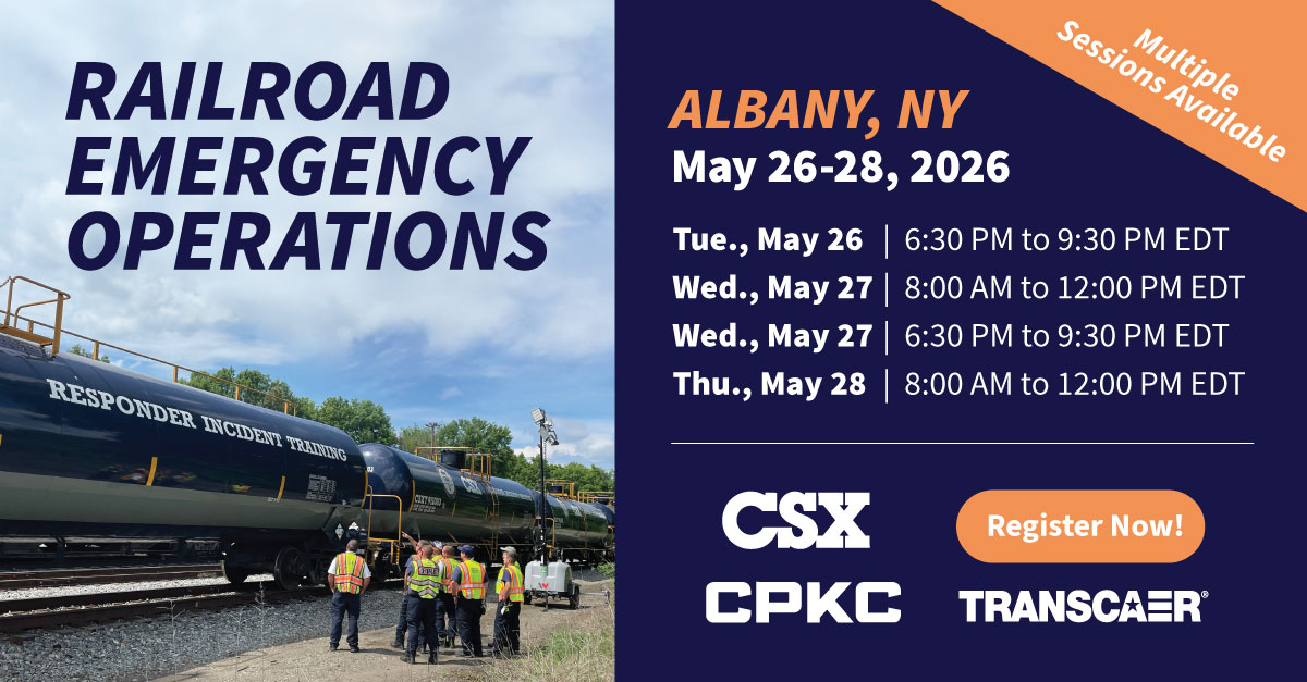 TRANSCAER's tweet image. 🚆 Join TRANSCAER for Railroad Emergency Operations featuring classroom instruction and simulated hands-on training scenarios. 

Register here: okt.to/d0ueiM

#TRANSCAER #RailSafety #EmergencyResponse #HazmatTraining
