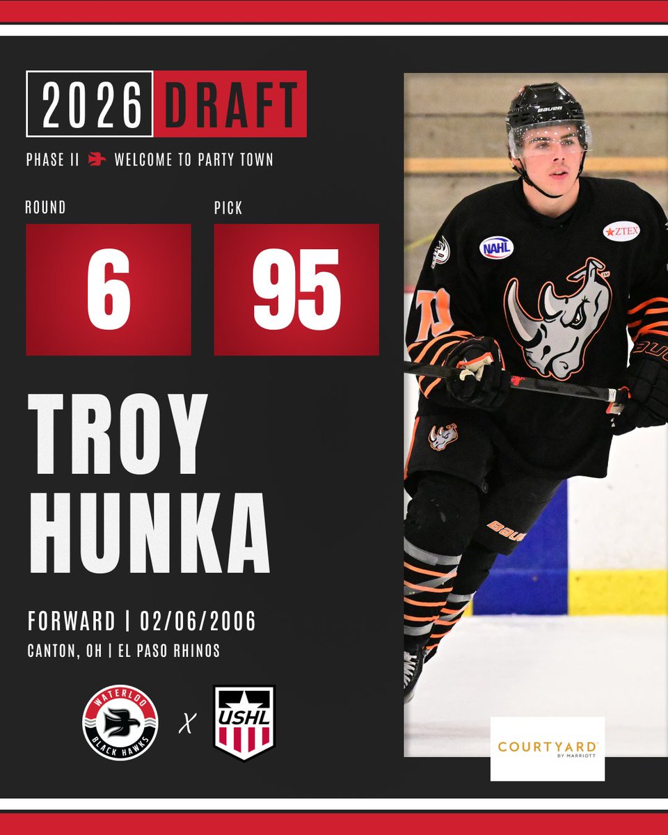 BlckHawksHockey's tweet photo. With the 95th overall pick in Phase II of the 2026 USHL Draft, the Waterloo Black Hawks select Troy Hunka.

Welcome to Party Town, Troy! 👏 

#WBH #USHLDraft2026 https://t.co/JJjZlJvkou