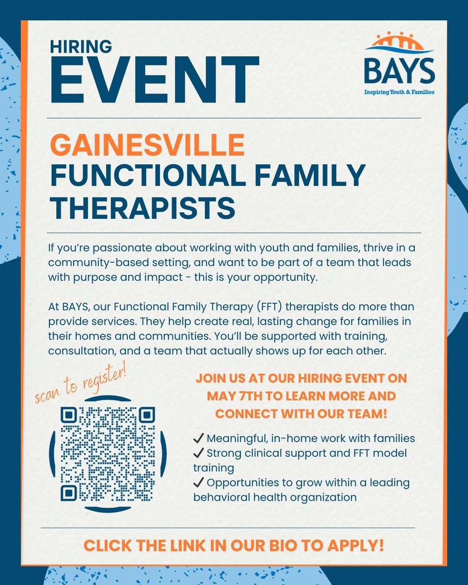 BAYSKids's tweet photo. Are you passionate about empowering youth and families? We’re hiring FFT Therapists to create lasting change right where it matters most—in the heart of our communities.

Scan the QR code to register for the hiring event on May 7th or click the link in our bio to apply today! https://t.co/KW3t1uyZMh